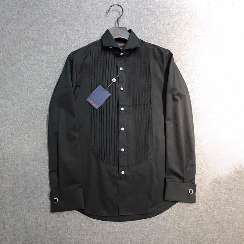 Men's All Seasons Solid Color Flip Leader Button Pleated Shirt Formal Long Sleeve Shirt Black White Ngvp #7614