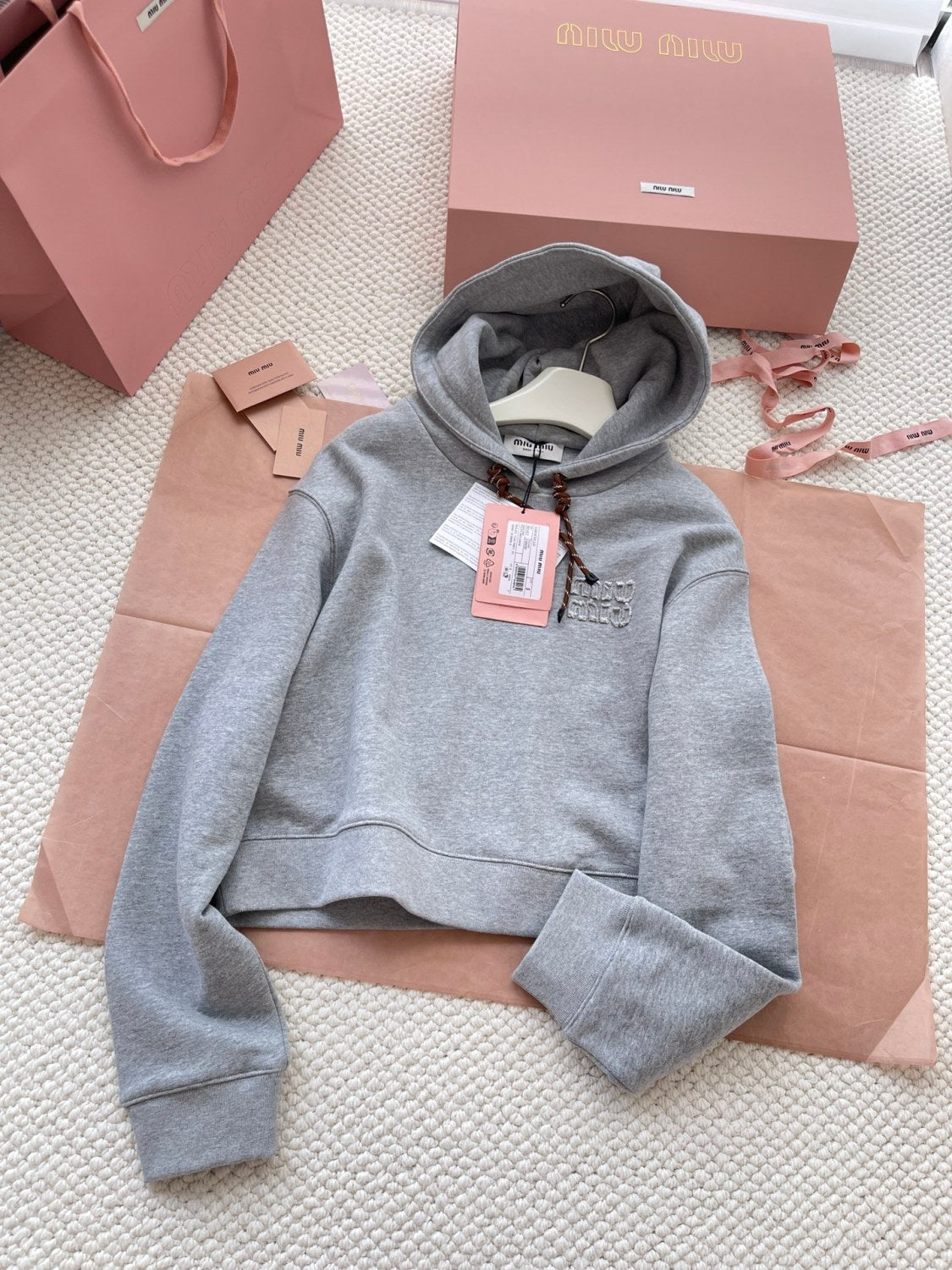 Women's Spring and Autumn Gray Logo Embroidery Hooded Drawstring Cotton Loose Long Sleeve Sweatshirt #73334