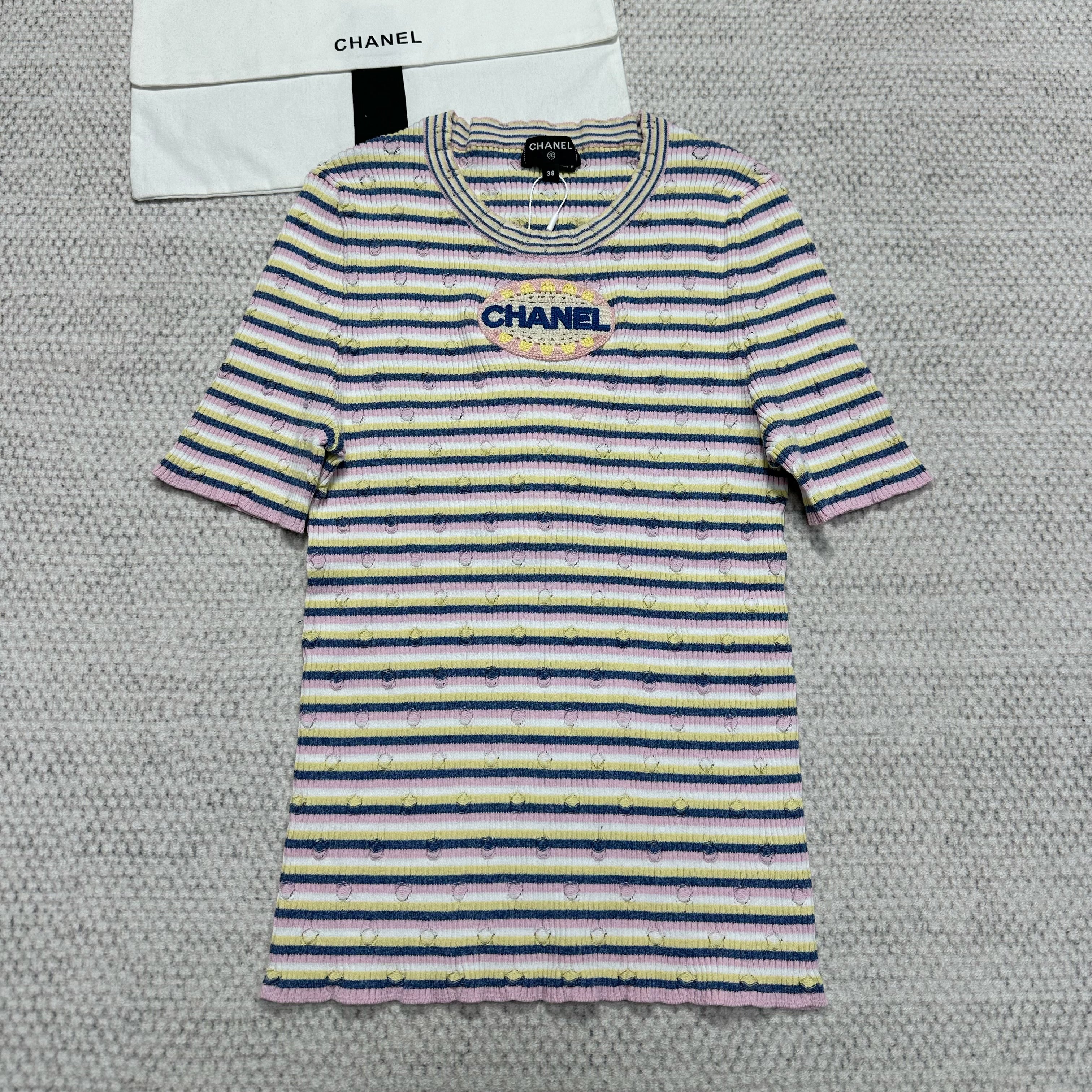 Women's Spring/Summer Letter Printed Striped Round Neck Short Sleeve Knit Sweater T-Shirt #75782