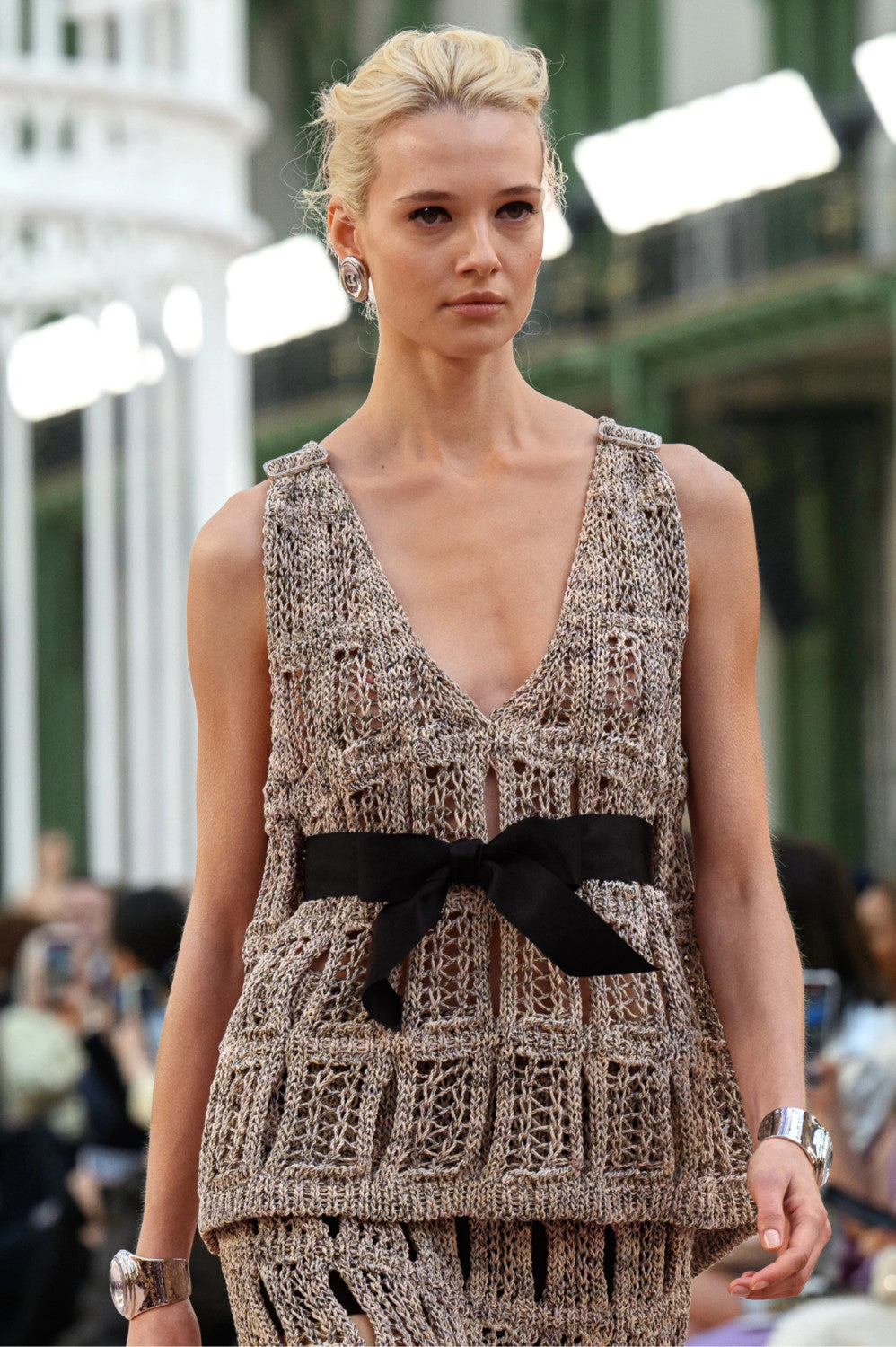 Women's Spring And Summer High Street Cotton Silk Hollow Bow Decoration V-neck Sleeveless Vest Casual Medium-length Knitted Half Skirt Ngvp #1526