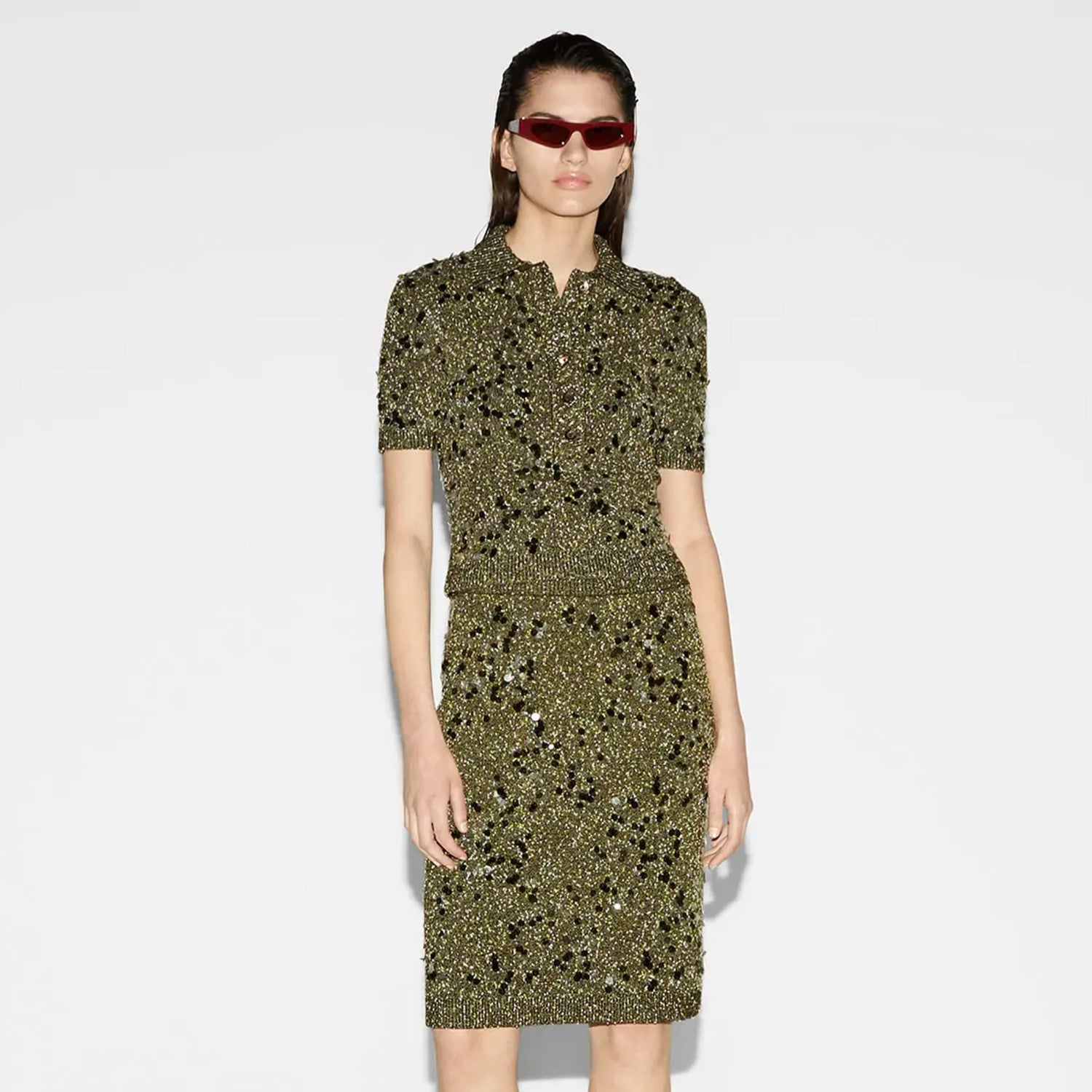 Women's Spring/summer Viscose Fibre Tweed Blend Polo Shirt Blue Green Sequin Embroidery Lapel Knit Top T-shirt Stretchy Straight Hem Skirt Short Skirt Suit Set  #81123