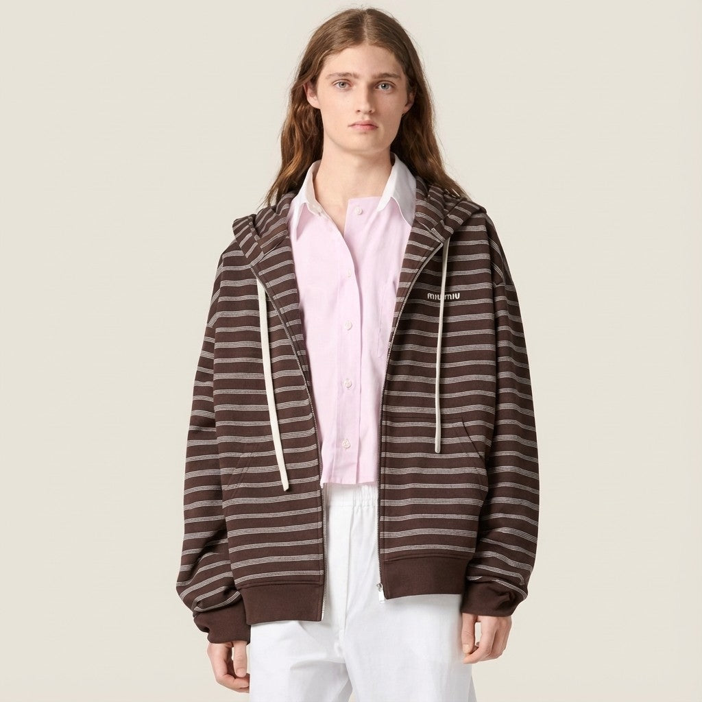 Women's Autumn/winter Brown Striped Cotton Fleece Hooded Jacket Knit Fashion Drawstring Trendy Casual Zipper Sweatshirt Jacket #82275A
