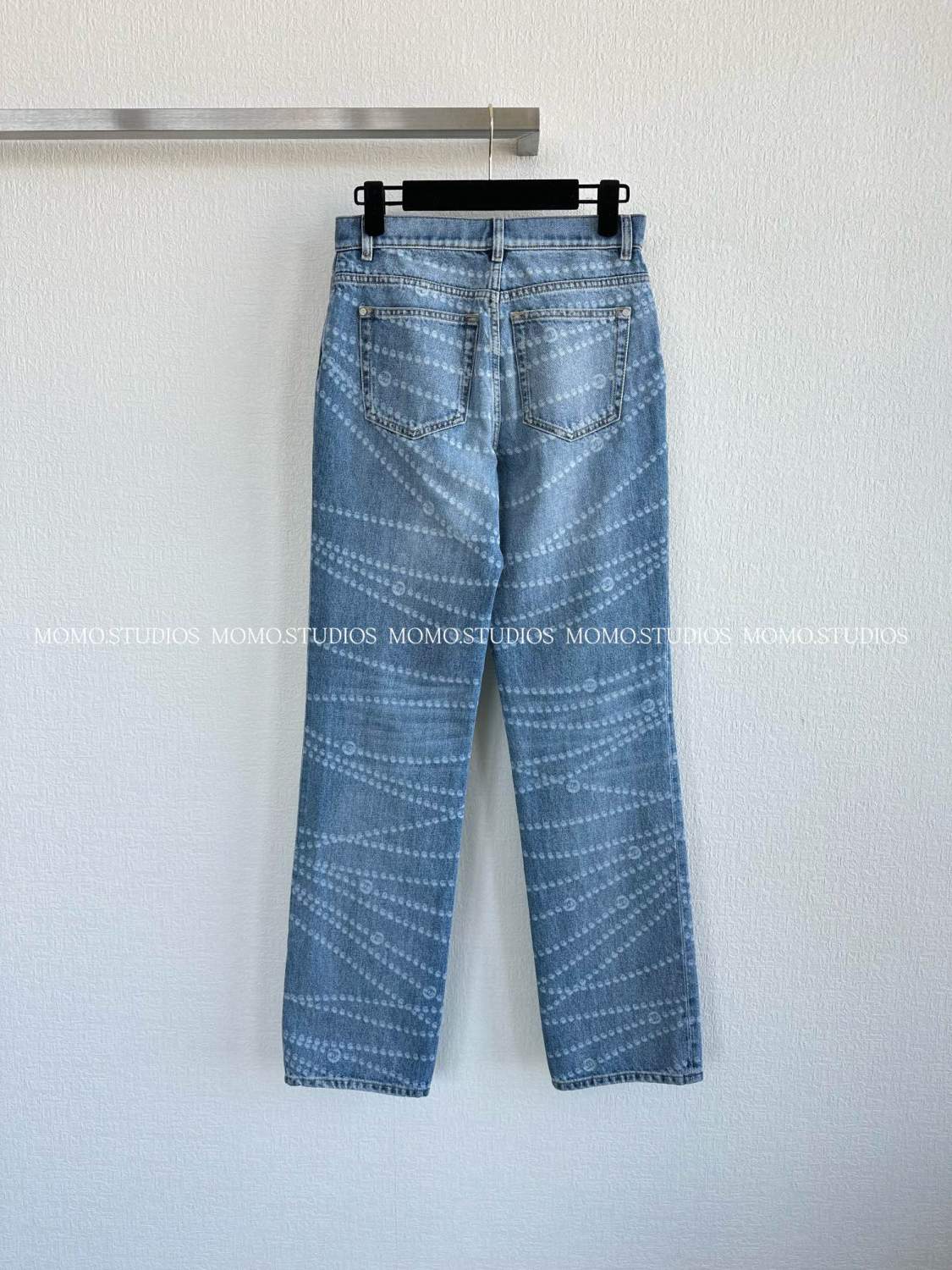 Women's Spring and Autumn Blue Printed Washed Cotton Button Straight Long Jeans Pants #75498