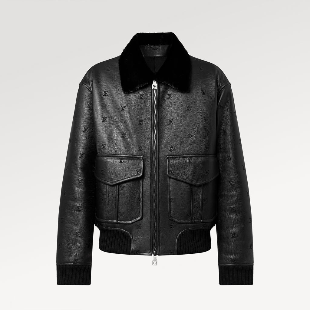 Men's Fall/winter Pilot Drawstring Jacket Solid Color Logo Jacquard Hair Collar Colorblocking Leather Jacket #71553