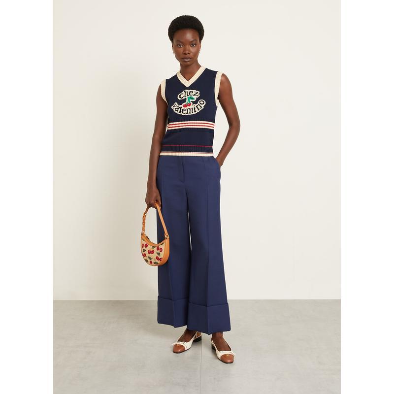 Women's Summer V-Neck College Style Cherry Embroidery Cotton Knit Sleeveless Solid Color Straight Tank Top Vest Ngvp #1959