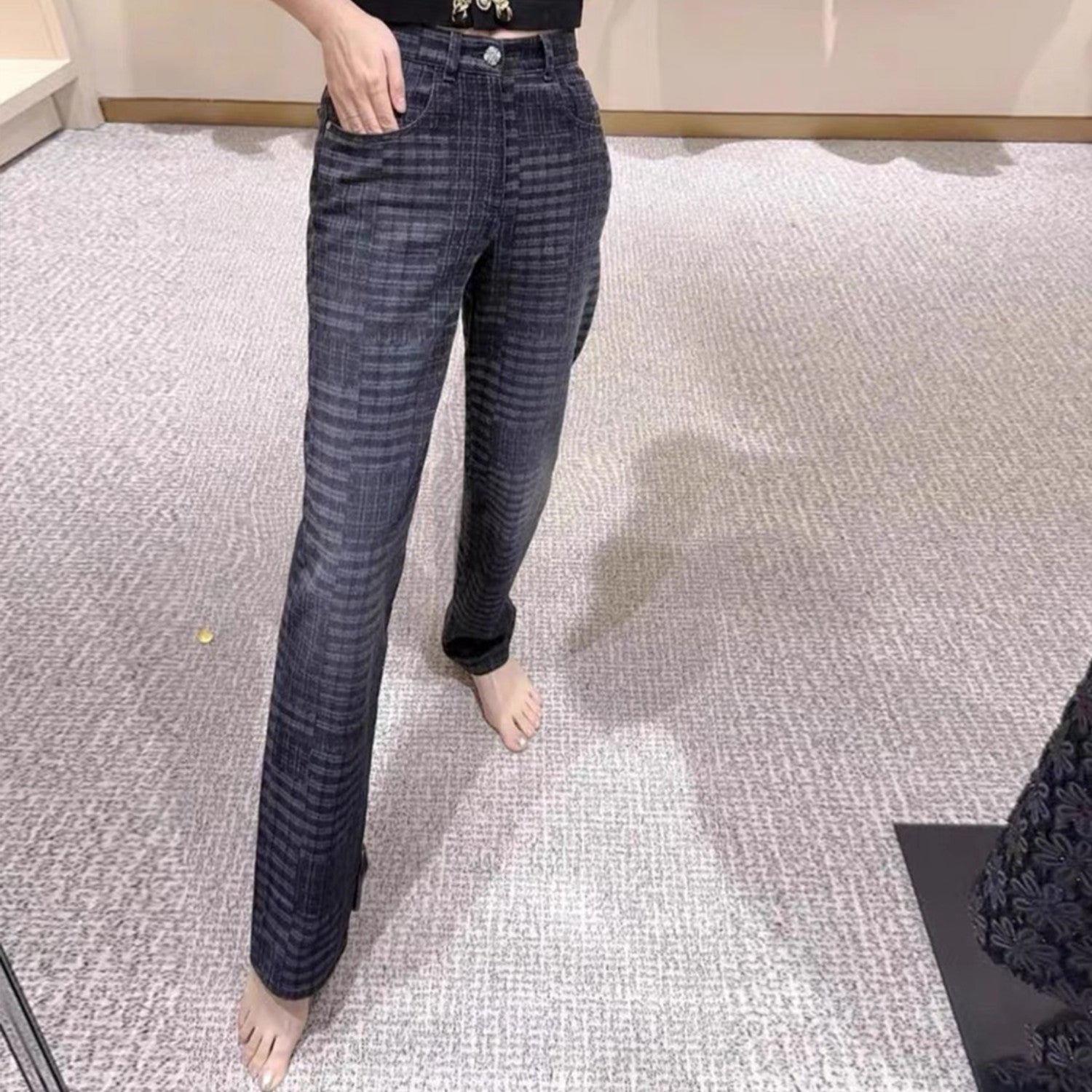 Women's Checkered Washed Gray Aged Jeans Camellia Button Slim Straight Denim Pants Ngvp #8942