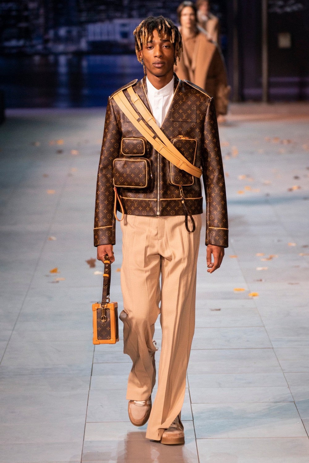 2025 FallWinter Men's Classic Monogram Tactical Leather Jacket with Three Detachable Straps #83127A