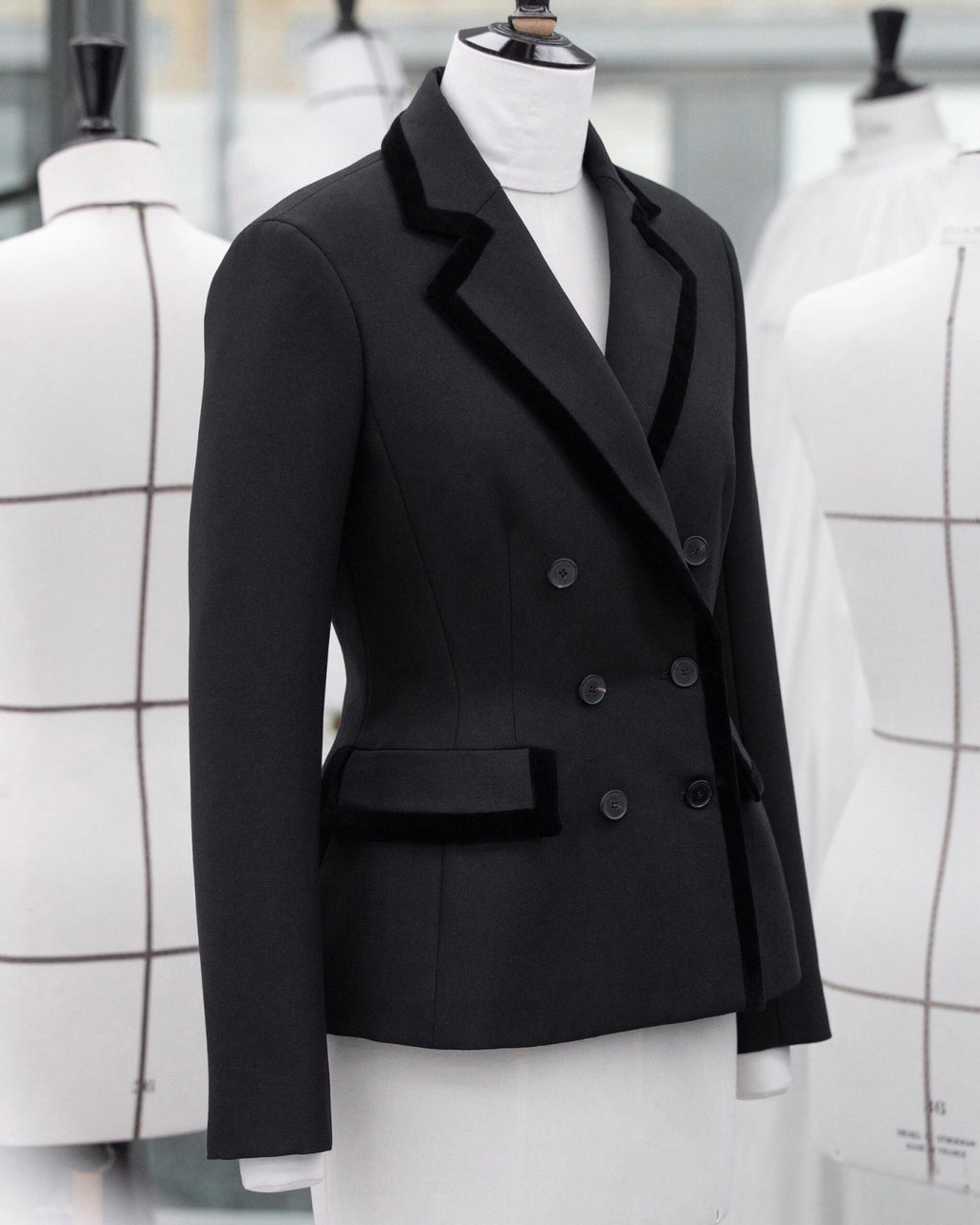 Women's Spring and Autumn Wool Velvet Trim Waisted Suit Lapel Double Breasted Black Jacket Ngvp #8924