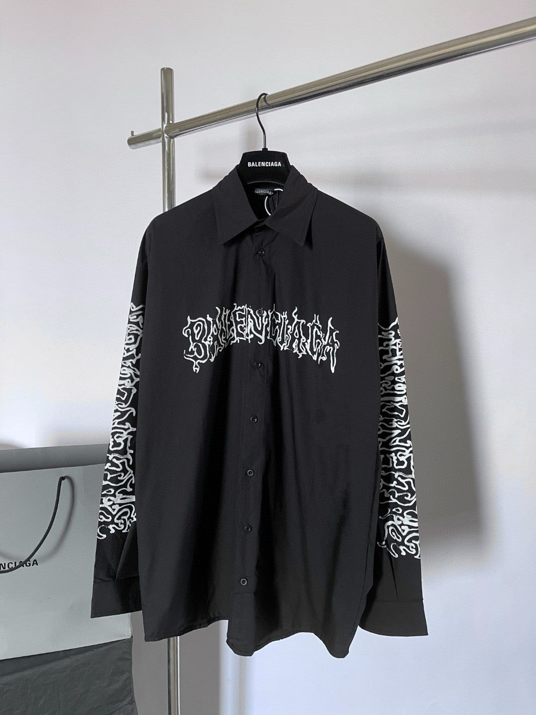 Men's Spring Summer DIY Metal Outline Engineered Black Cotton Poplin Large Silhouette Single Breasted Long Sleeve Shirt #98843