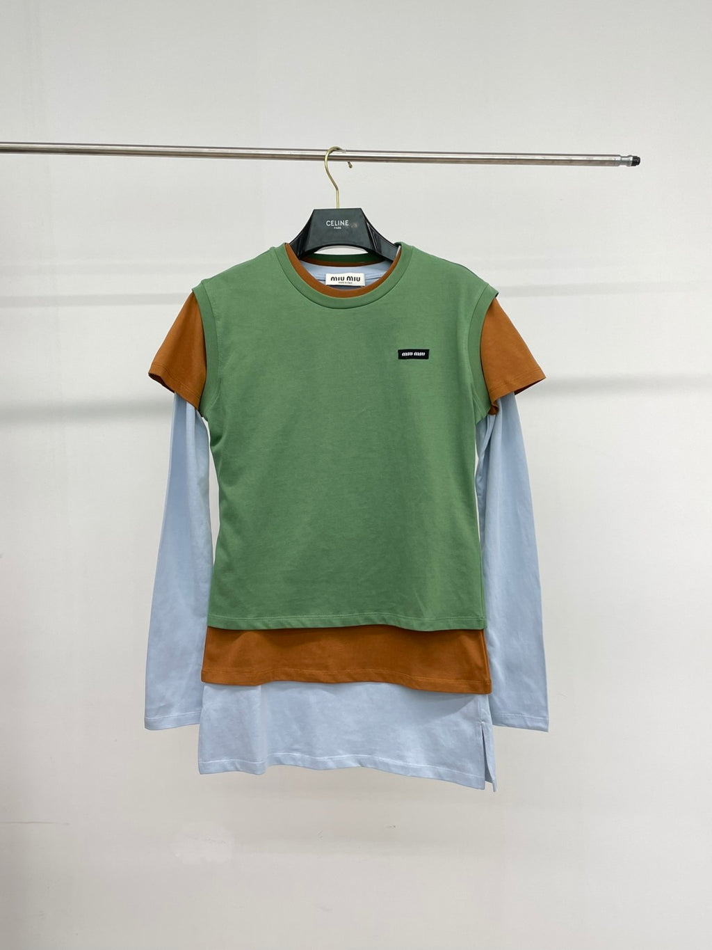 Women's Summer Clashing Color Embroidery Letter Logo Round Neck 3 Piece Layered T-Shirt Set  #73931