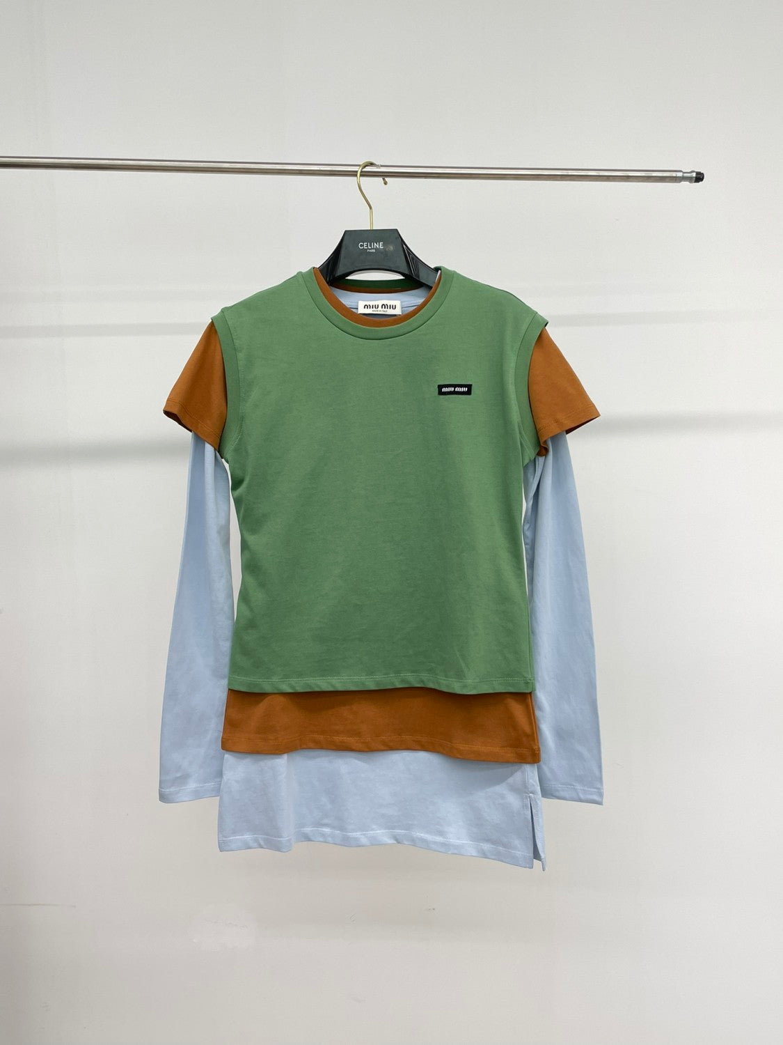 Women's Summer Clashing Color Embroidery Letter Logo Round Neck 3 Piece Layered T-Shirt Set  #73931