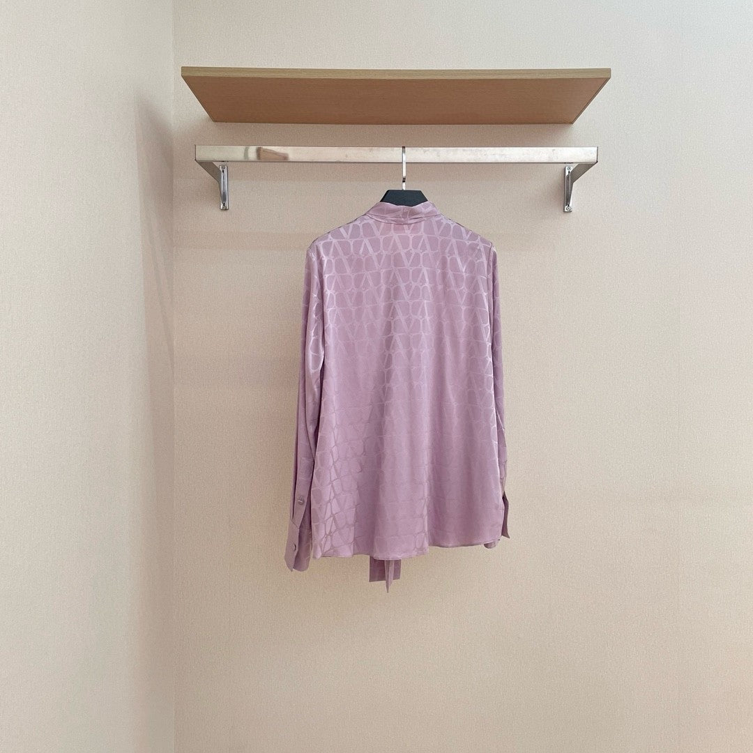 Women's Summer Dark Print Silk Fabric Tie Long Sleeve Shirt #72554