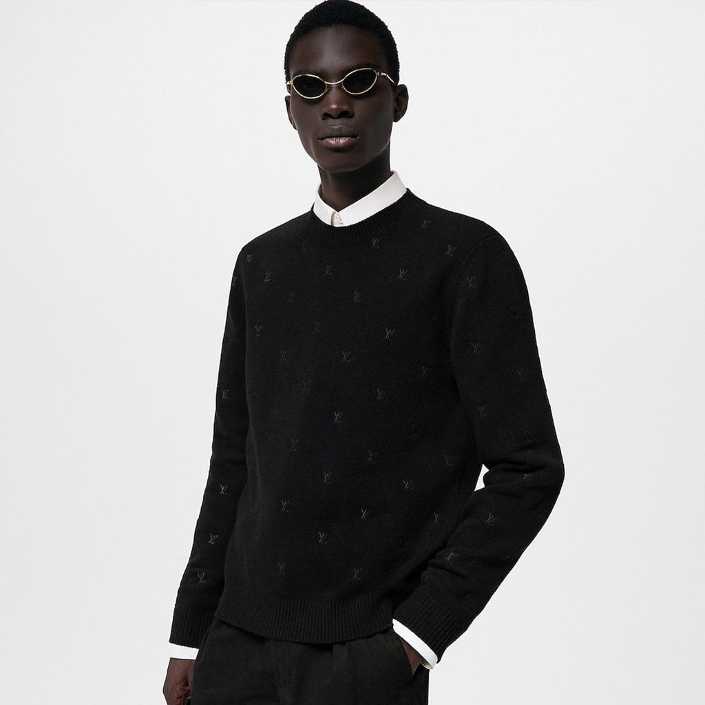 Men's Fall And Winter Black Long Sleeve Logo Embroidered Signature Merino Crewneck Sweater #98236