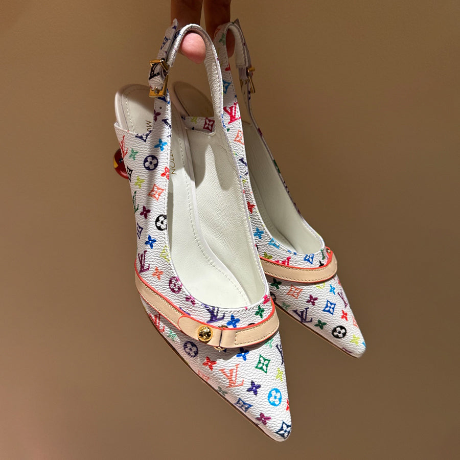 Women's Pointed Denim Print Metal Buckle Fine Heel Cherry Heel Retro Solid Color High Heels Casual Slippers Shoes #77858