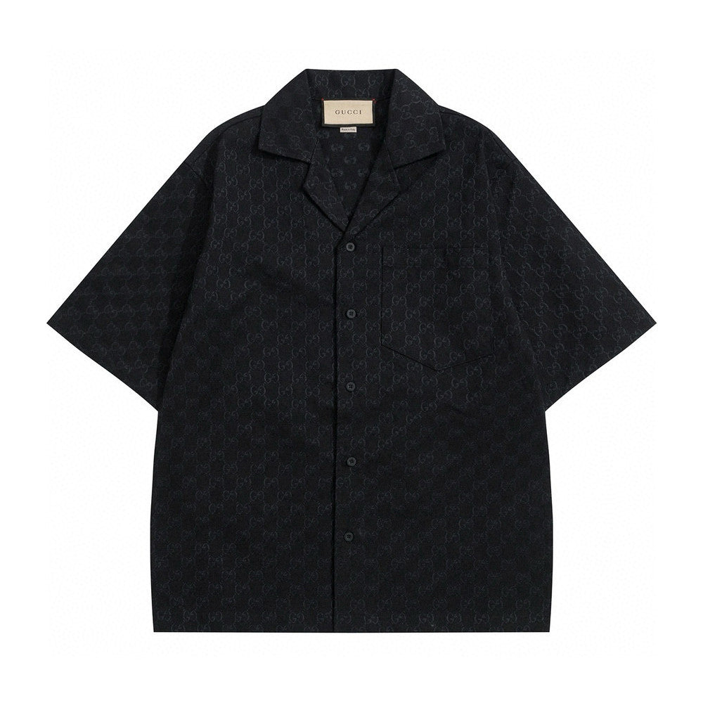 Men's Summer Black Full Printed Linen Short Sleeve Lapel Cotton Shirt Stretch Shorts Suit Set #98562