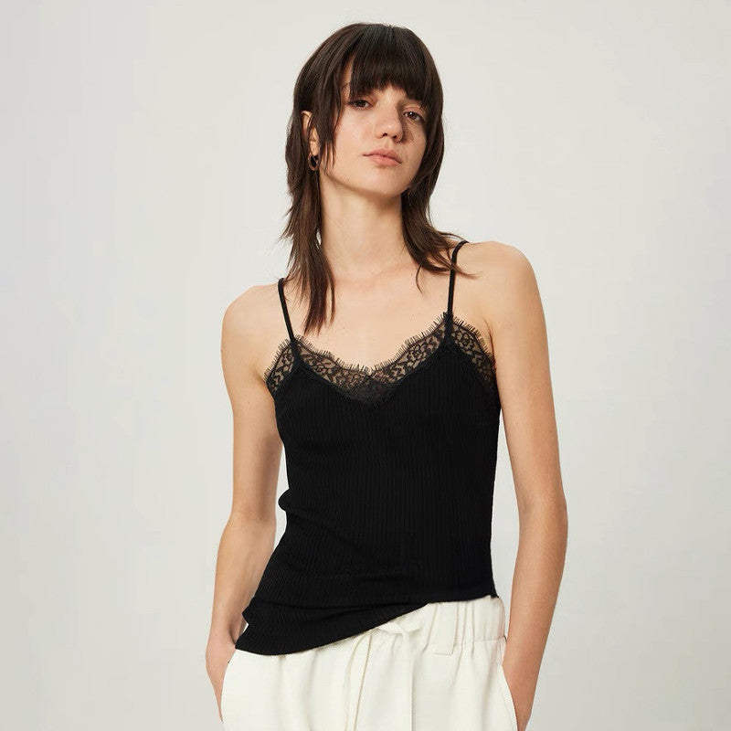 The Row Women's Summer Lace V-neck Solid Color Silk Wool Blend Sexy Sleeveless Camisole Tank Top Vest Ngvp #1762