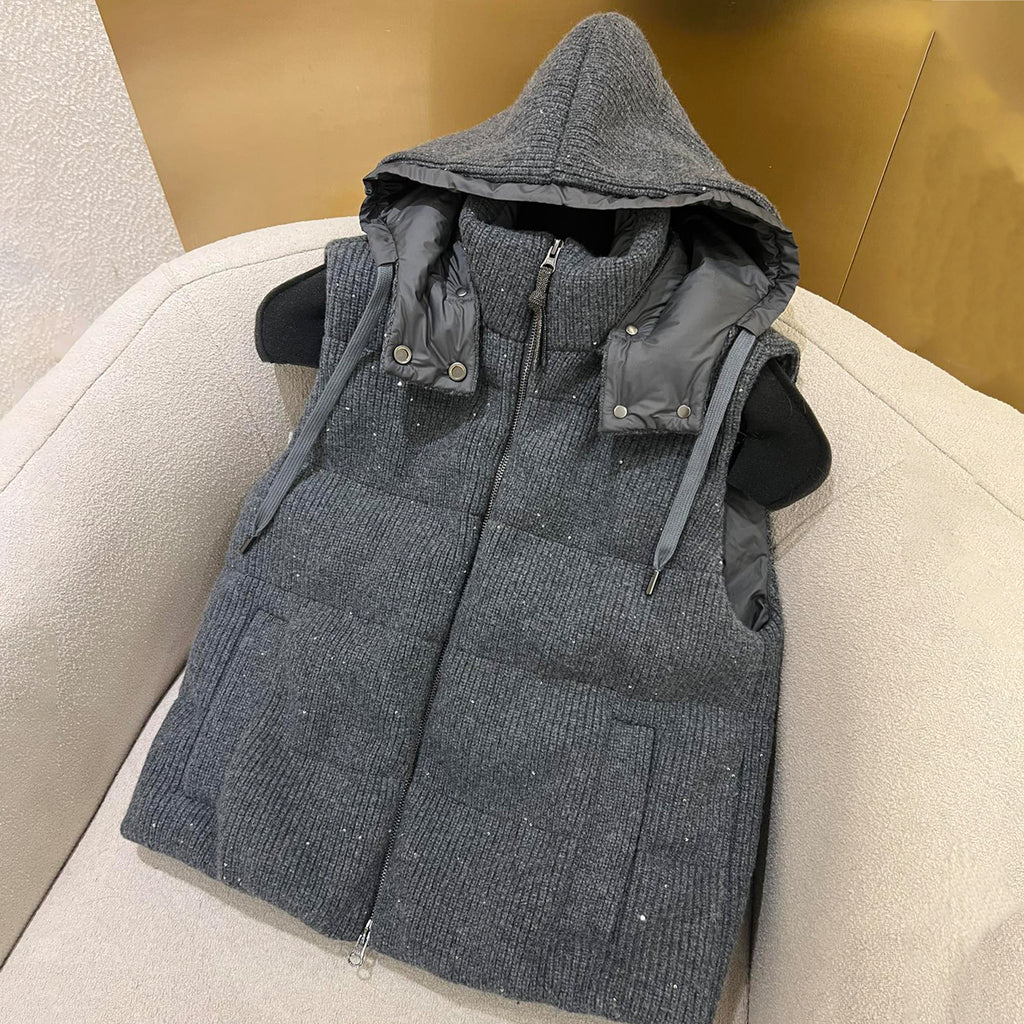 Women's Fall/winter Cotton British Ribbed Knit Down Vest Hooded Drawstring Sleeveless Jacket Ngvp #2417