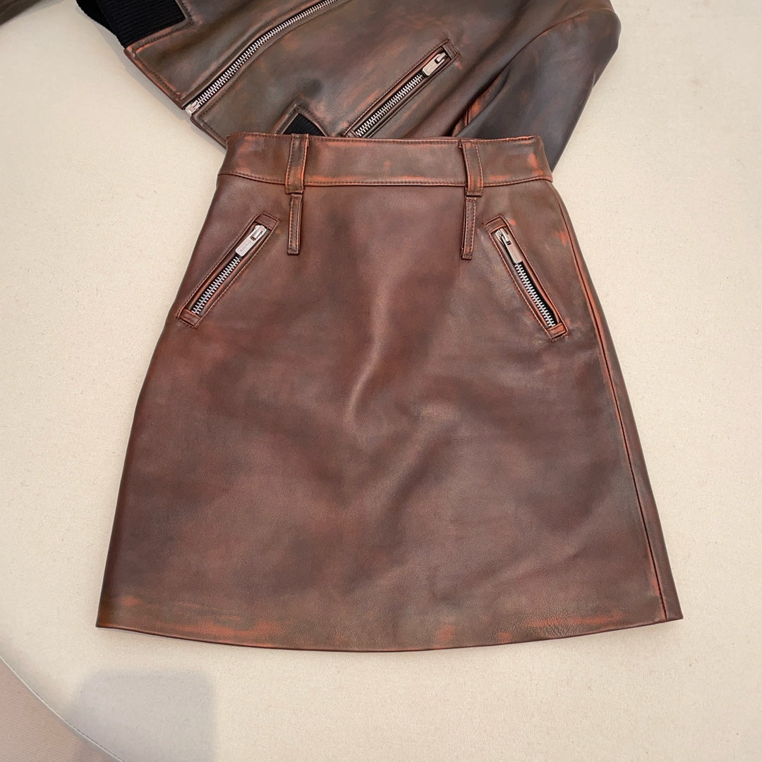 Women's Spring. Autumn and Winter Pure Color Vintage Short Loose Long Sleeve Sheepskin Jacket Casual A-line Straight Half Skirt Ngvp #8961