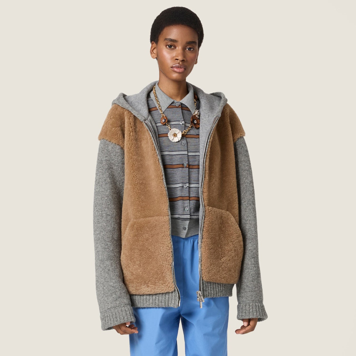 Women's Fall/Winter Knit Patchwork Fleece Jacket Fashionable Casual Hooded Sweatshirt Jacket #194499