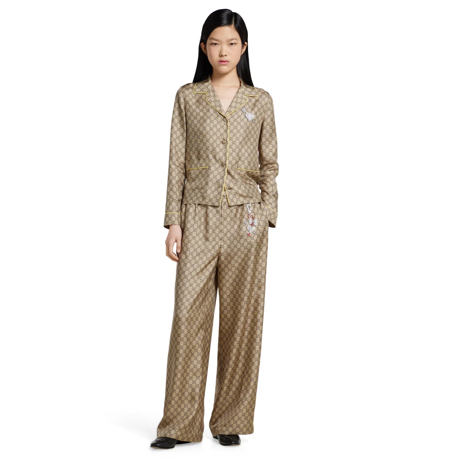 Women's Summer Solid Color Letter Print Heart Pattern Single Breasted Silk Long Sleeved Shirt And Casual Tie Pants Suit Set #77927