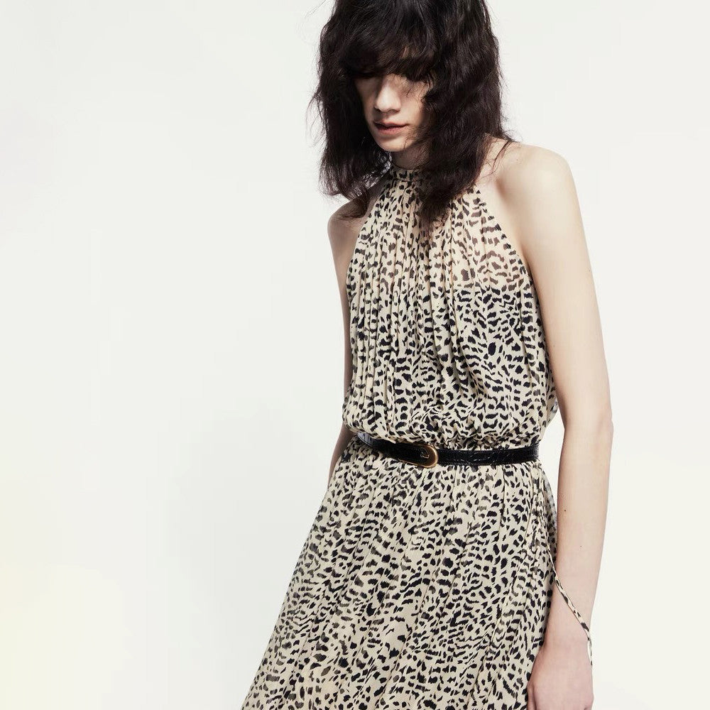 Women's Summer Round Neck Pullover Silk Fit Sleeveless Leopard Print Long Dresses #71631