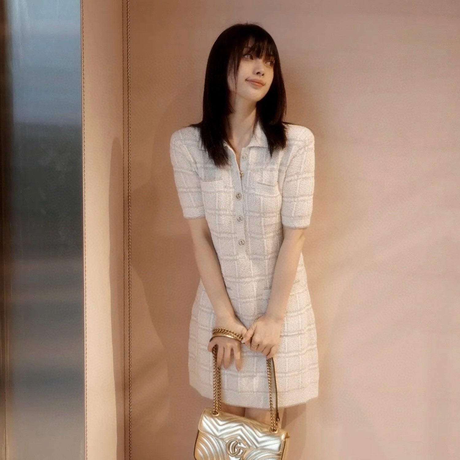 Women's Early Spring Wool Gold And Silver Silk Thread Plaid Jacquard Dress Lapel Knitted Temperament Elegant Dresses Ngvp #9852