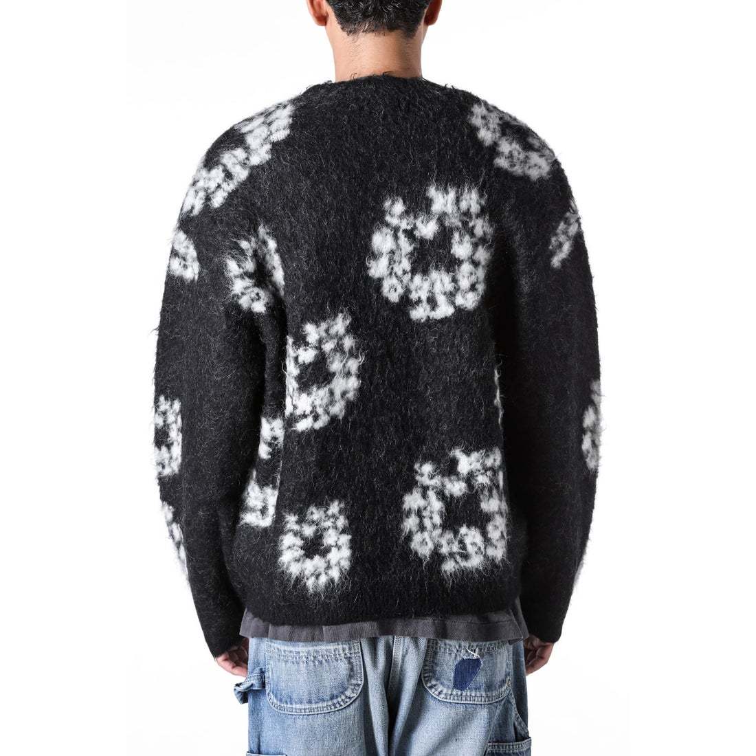 Denim Tears X Saint Michael Men's Vintage Black And White Kapok Wool Knit Sweater Fashion Casual Mohair Cardigan Single Breasted Knitted Jacket Ngvp #9824