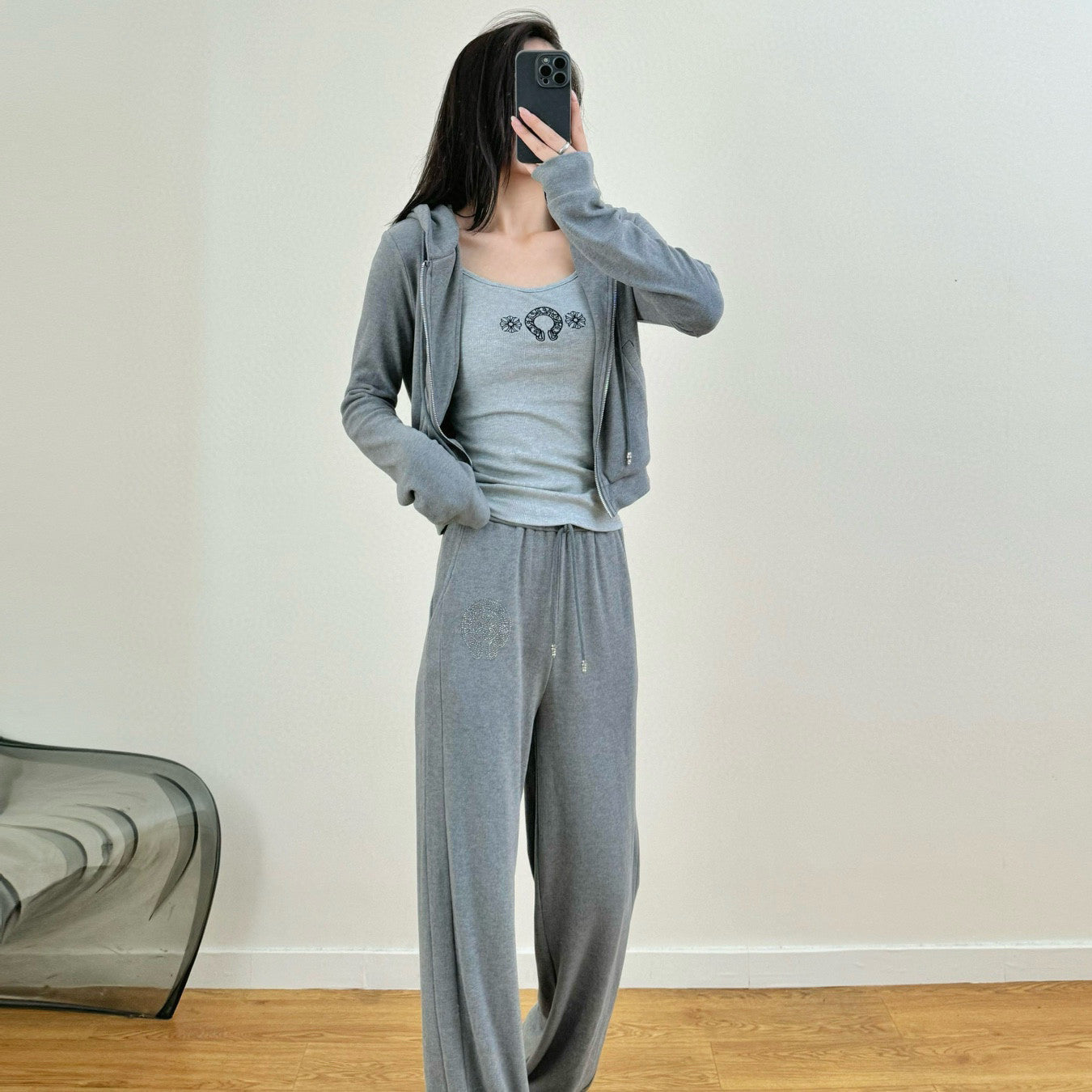 Women's Spring And Autumn Camisole Undershirt Zipper Hooded Long Sleeved Jacket Lace Up Casual Trousers Pants Three Piece Suit Set #73348