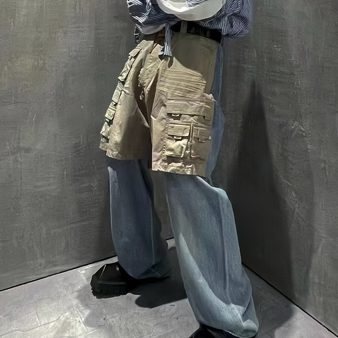 Men's Blue Spring & Fall Multi-Pocket Workwear Patchwork Fake Two Piece Straight Leg Denim Pants Ngvp #7786