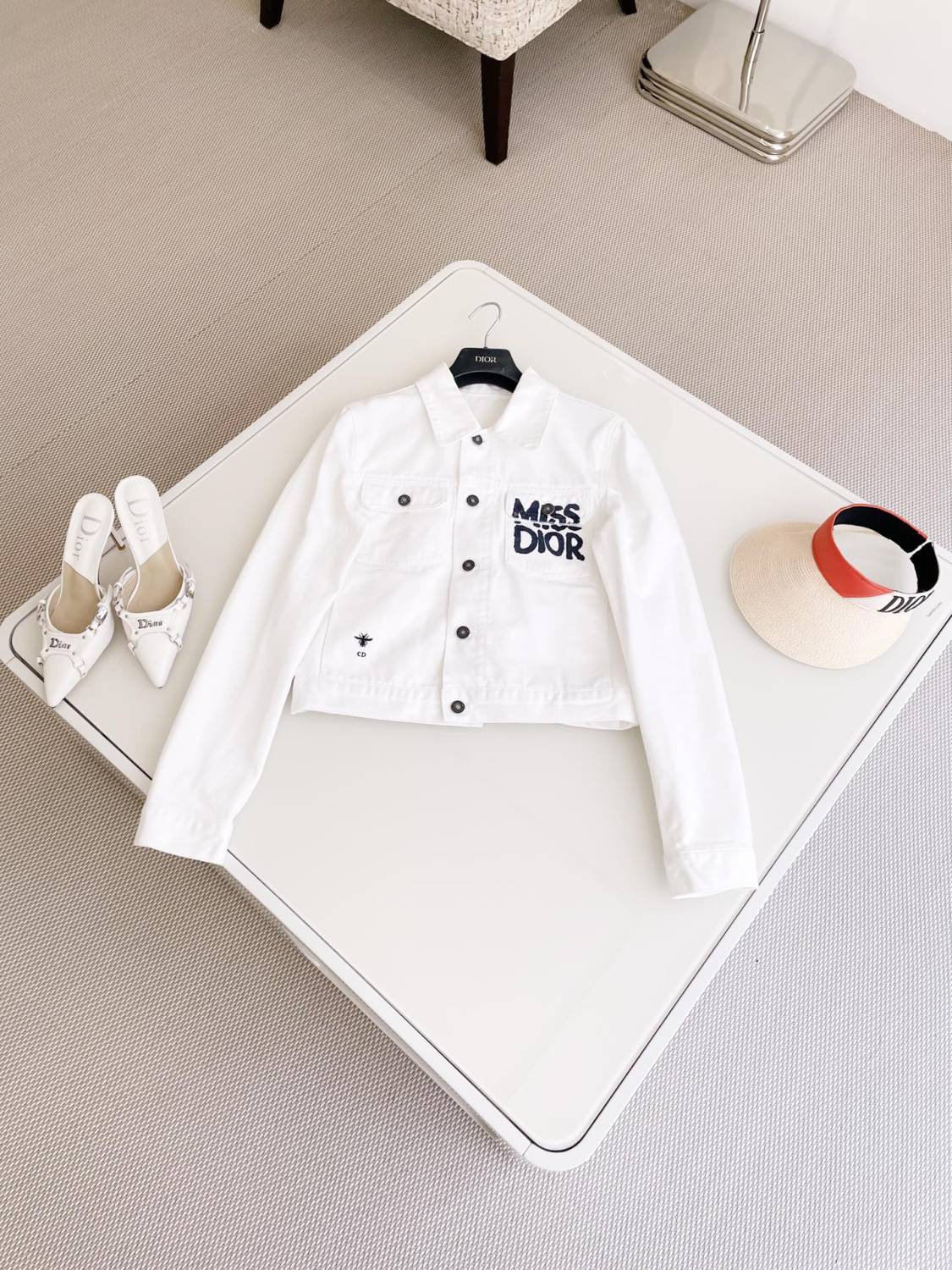 Women's Spring Summer Logo Letter Printed White Single Breasted Denim Jacket #72762