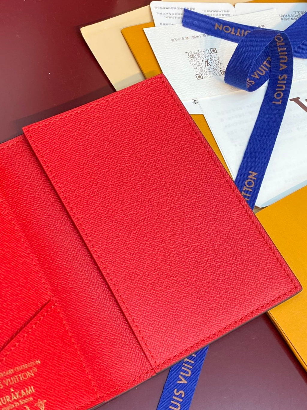 LV x TM Women's Brown Leather Passport Wallet with Cherry Pattern Print Bag Bags #77594