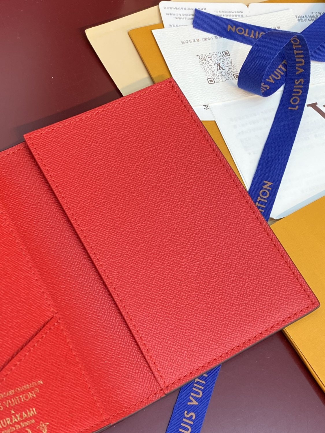 LV x TM Women's Brown Leather Passport Wallet with Cherry Pattern Print Bag Bags #77594