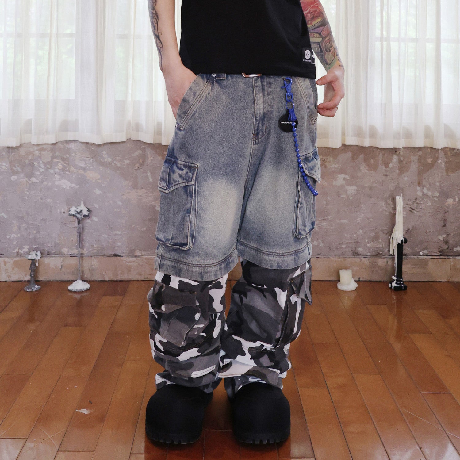 Groupmarek Men's Summer Blue Multi Pocket Water Washed Combination Camo Detachable Casual Denim Pants Ngvp #8395