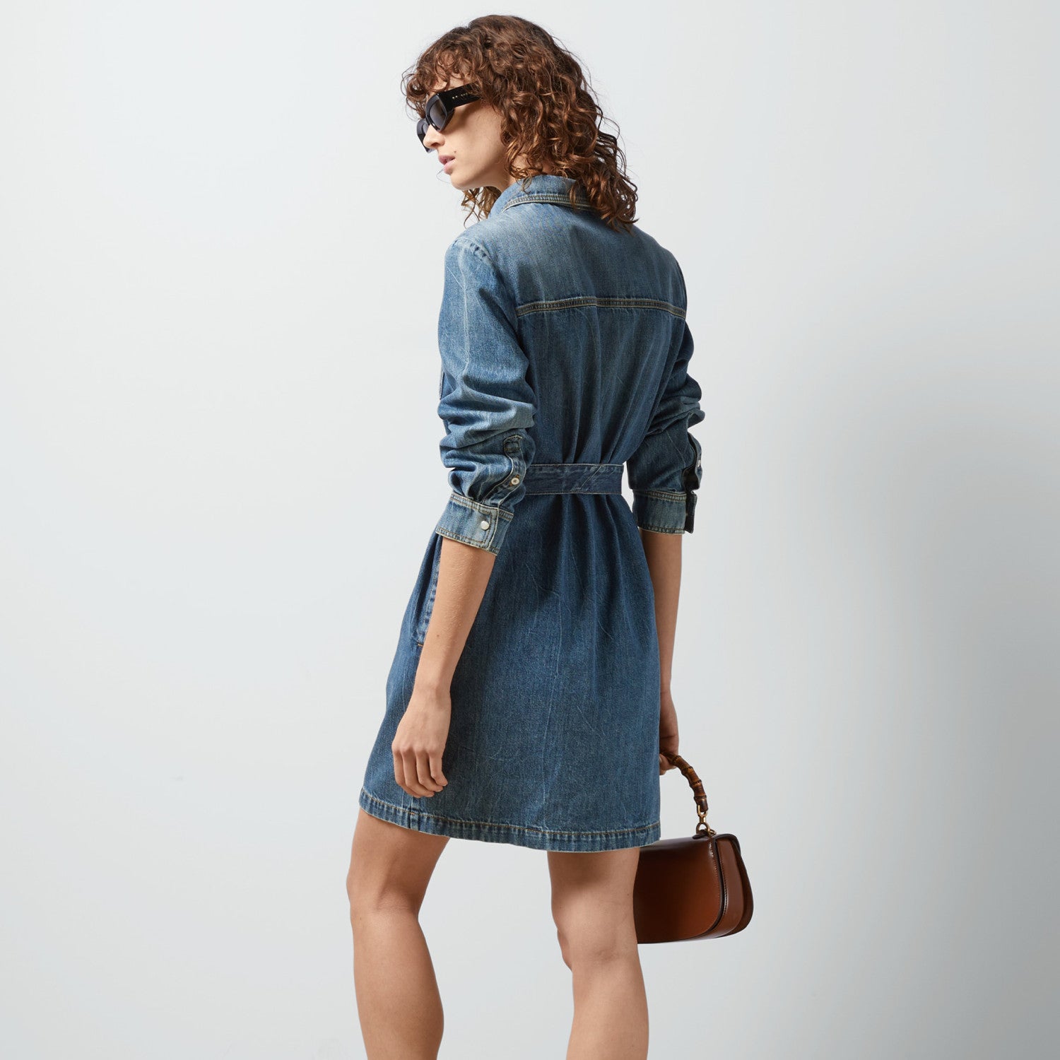 Women's Spring And Autumn Fashion Blue Denim Dress Vintage Silhouette Belted Shirt Dresses #71483
