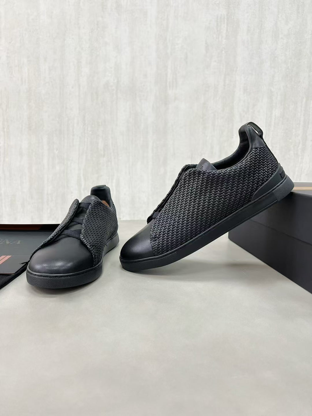 Ermenegildo Zegna Stitch Men's Solid Color Round Toe Slip-On Woven Leather Casual Skate Shoes #77926