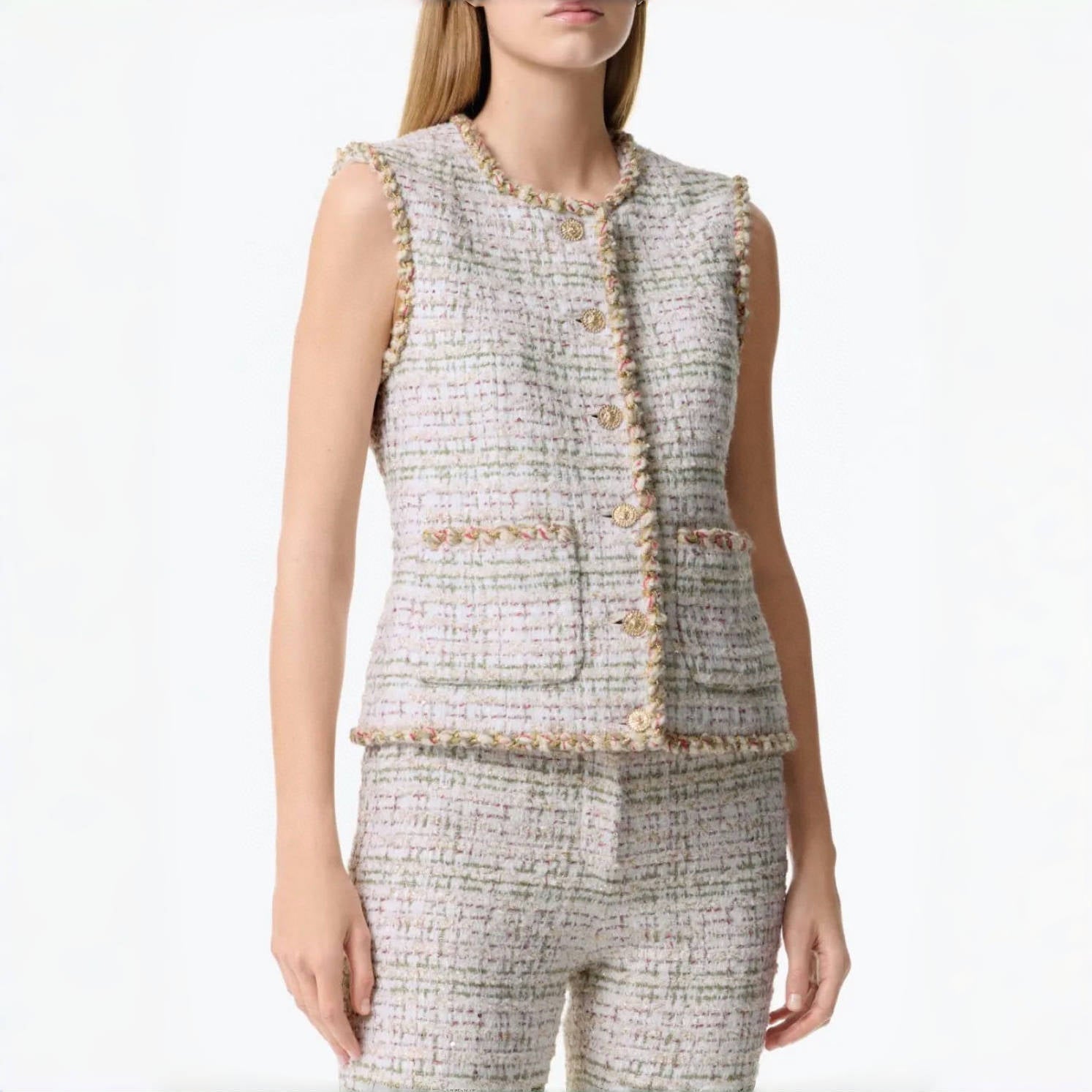 Mtiers D'art Collection Tweed Gold Thread Vest Women's Spring And Summer Short Sleeveless Undershirt Tops Fashionable And Elegant Trend Jacket Ngvp #2222