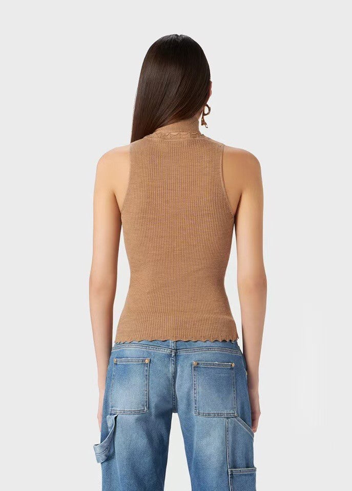 Blumarine Women's Spring And Autumn Round Neck Floral Chest Pin Solid Color Long Sleeve Wool Knit Vest Ngvp #9585