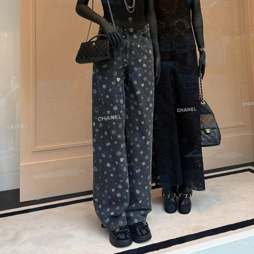 Women's Spring/Fall Fashion Casual Patterned Print Straight-Leg Relaxed Fit Jeans Pants #78615