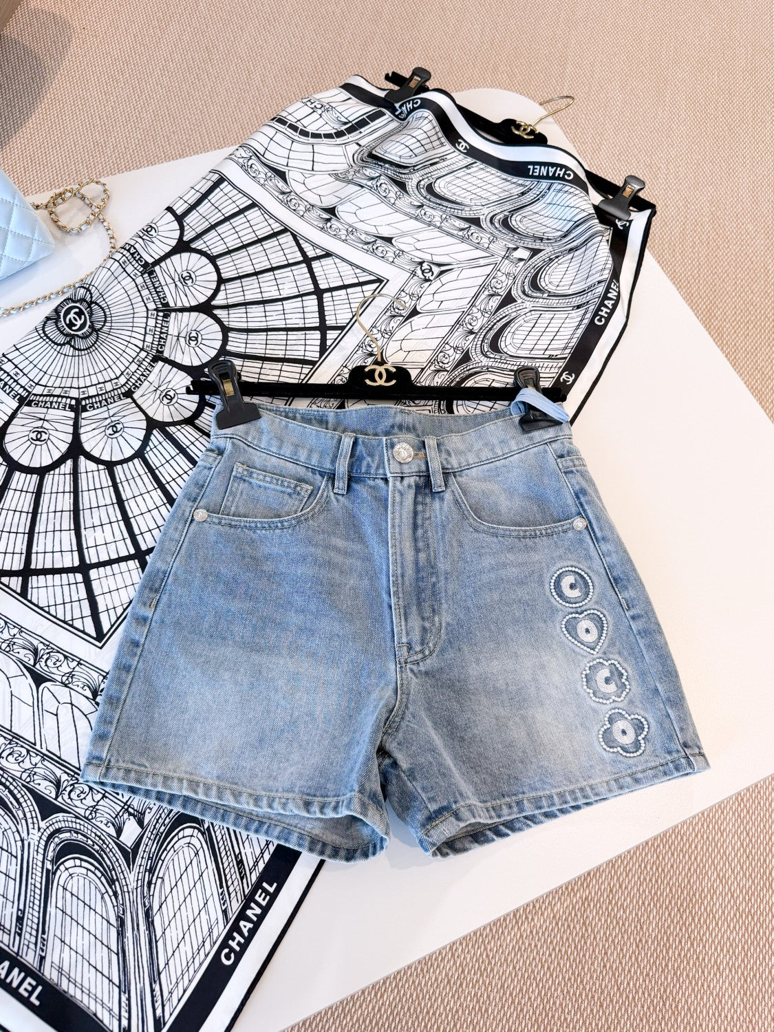 Women's Summer Vintage Side Logo Embroidery Washed Solid Color Denim Shorts Ngvp #1768