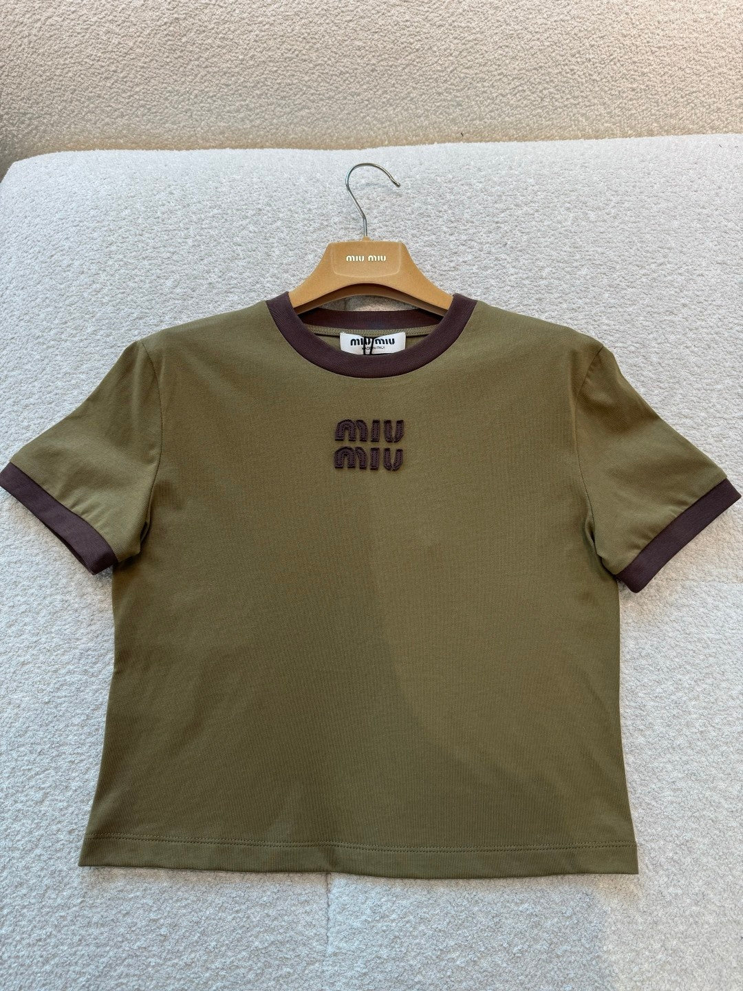 Women's Spring/Summer Olive green Dark brown Color blocking Embroidery Round neck short-sleeved T-shirt #193900