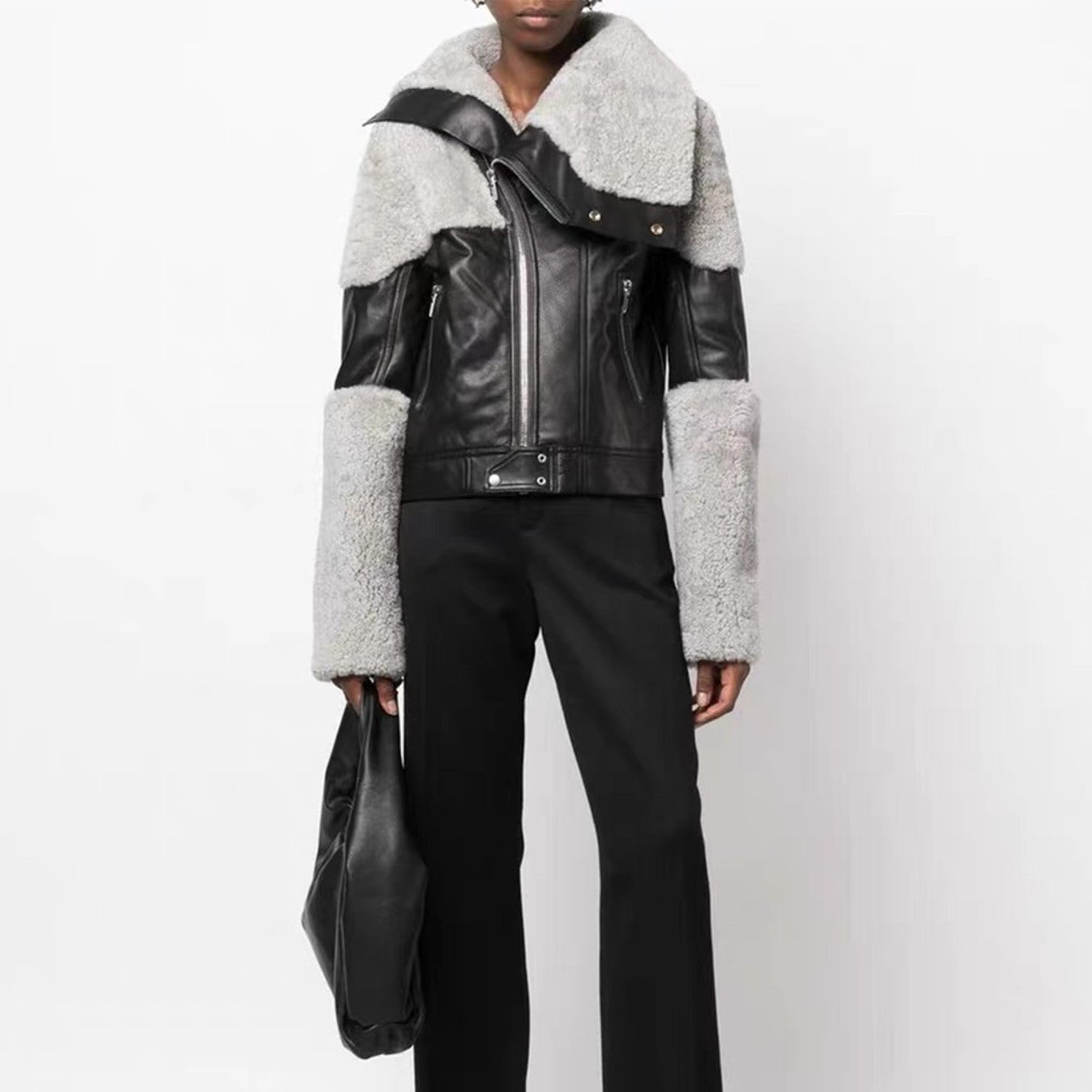 Men's And Women's Patchwork Collar Leather Jacket Fashion High Street Cool Lapel Short Jacket Ngvp #6628