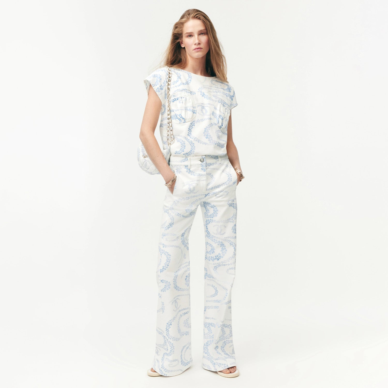 Women's Coco Beach Ready-to-wear Collection Wave Print Micro Flare Pants Fashionable Temperament Elegant Low-rise Jeans Ngvp #1734