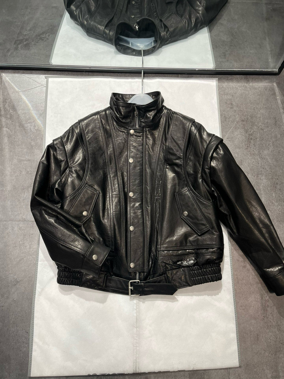 Women's Spring And Autumn Fashion Standing Collar Detachable Sleeves Black Oversized Lambskin Jacket Ngvp #8132