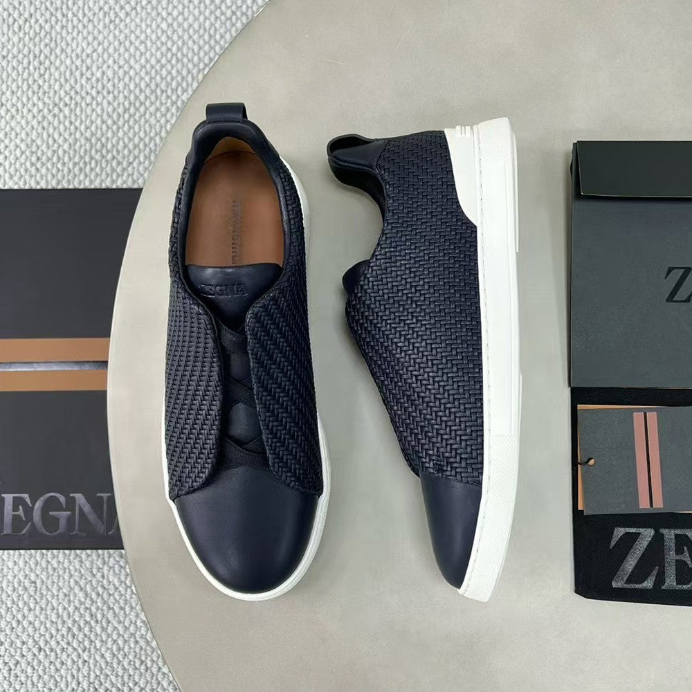 Ermenegildo Zegna Stitch Men's Solid Color Round Toe Slip-On Woven Leather Casual Skate Shoes #77926