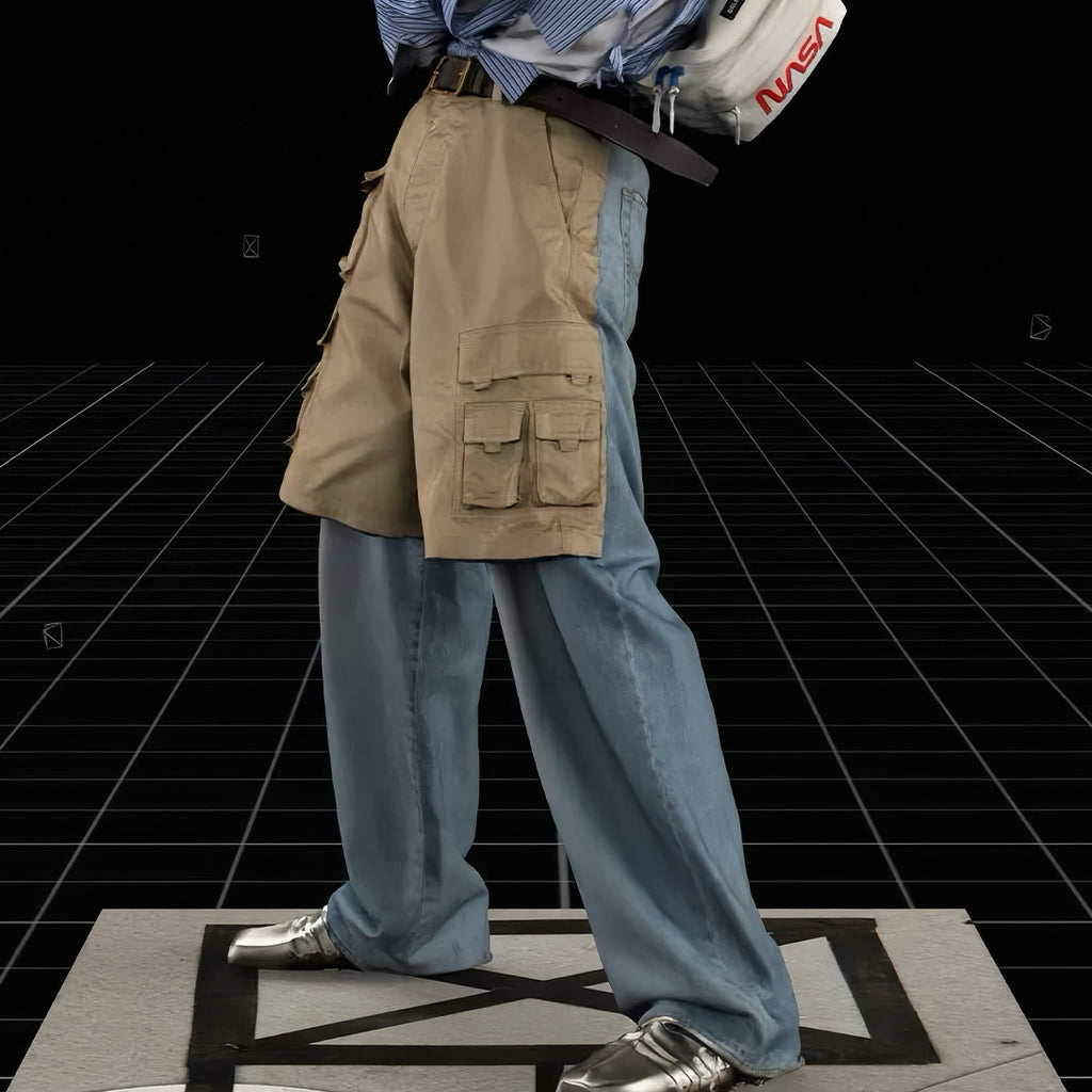 Men's Blue Spring & Fall Multi-Pocket Workwear Patchwork Fake Two Piece Straight Leg Denim Pants Ngvp #7786