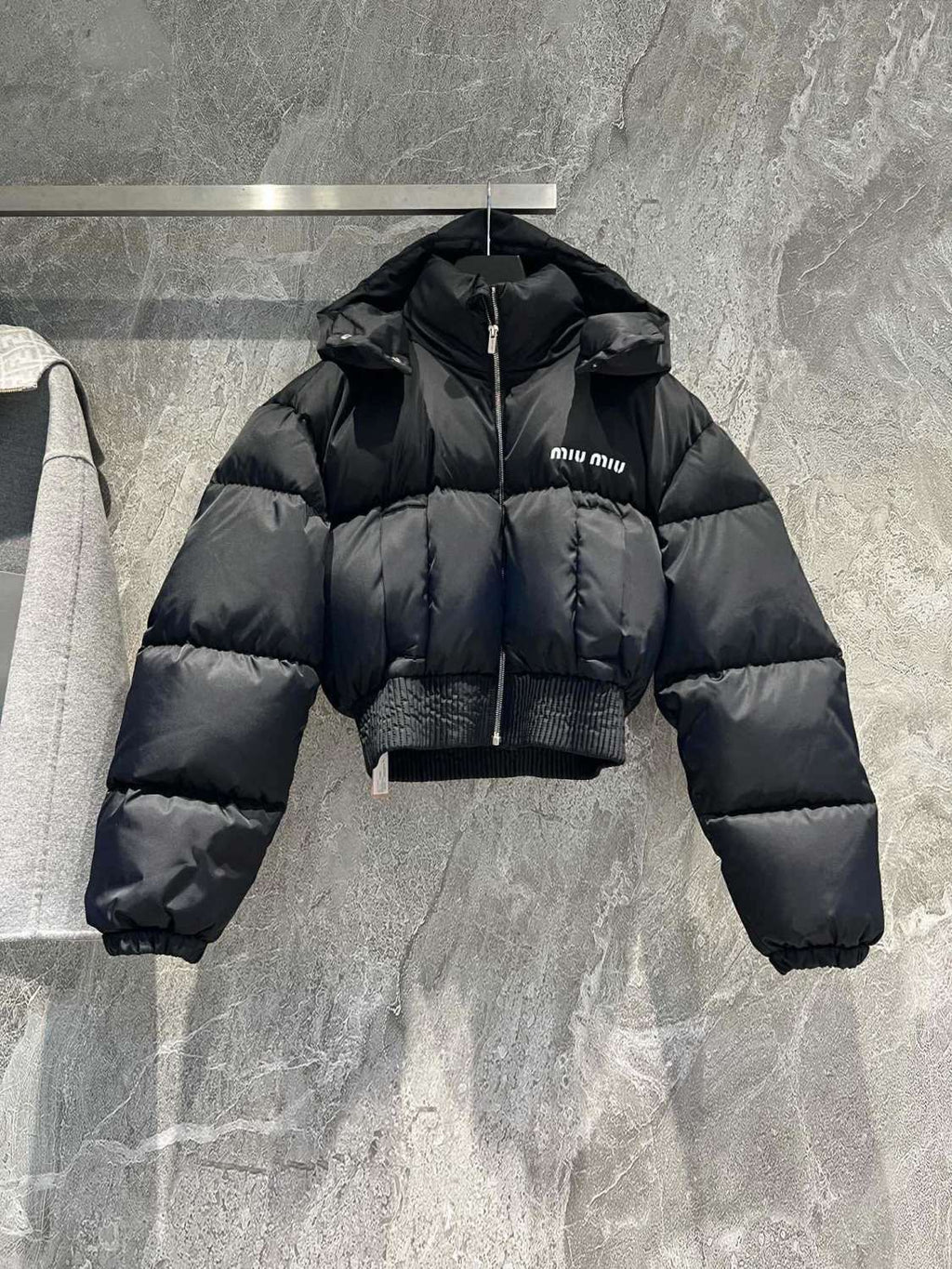 Women's Fall and Winter Black Logo Printed Fluffy Shorts Down Hooded Zipper Long Sleeve Jacket #72333