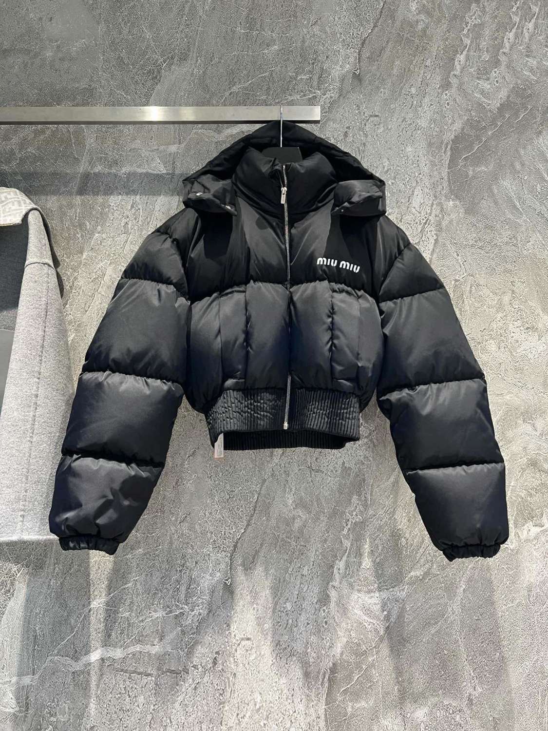 Women's Fall and Winter Black Logo Printed Fluffy Shorts Down Hooded Zipper Long Sleeve Jacket #72333