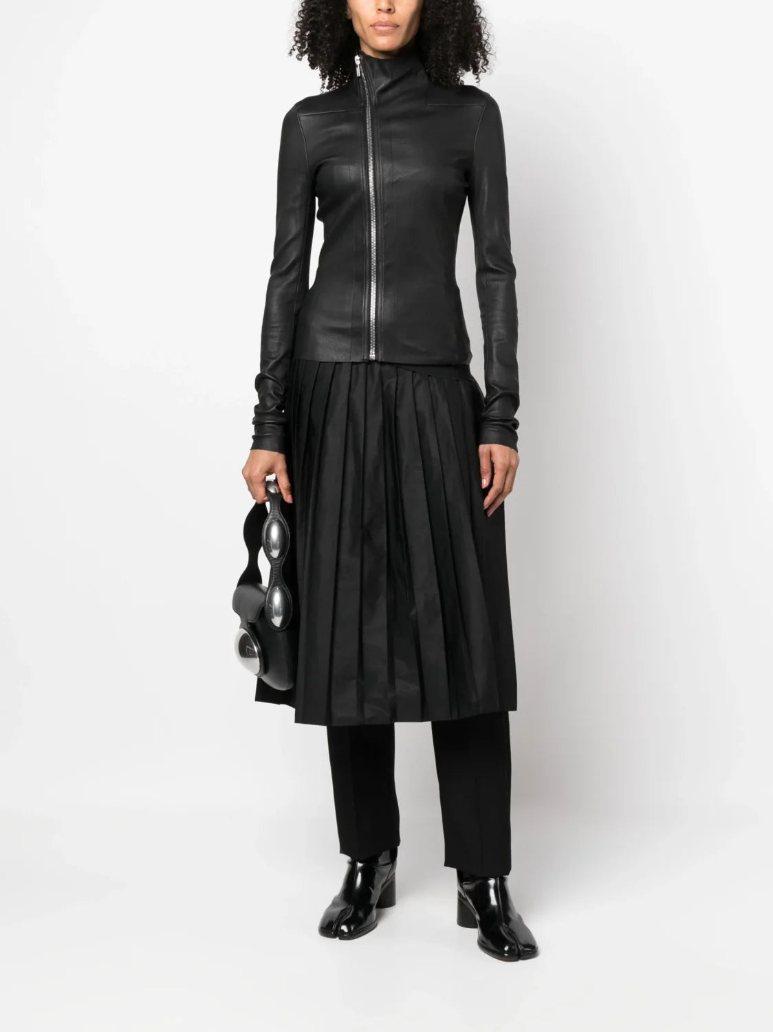 Women's Spring And Autumn Solid Color Lambskin Asymmetric Zipper Slim Long Sleeve Leather Jacket Ngvp #9176