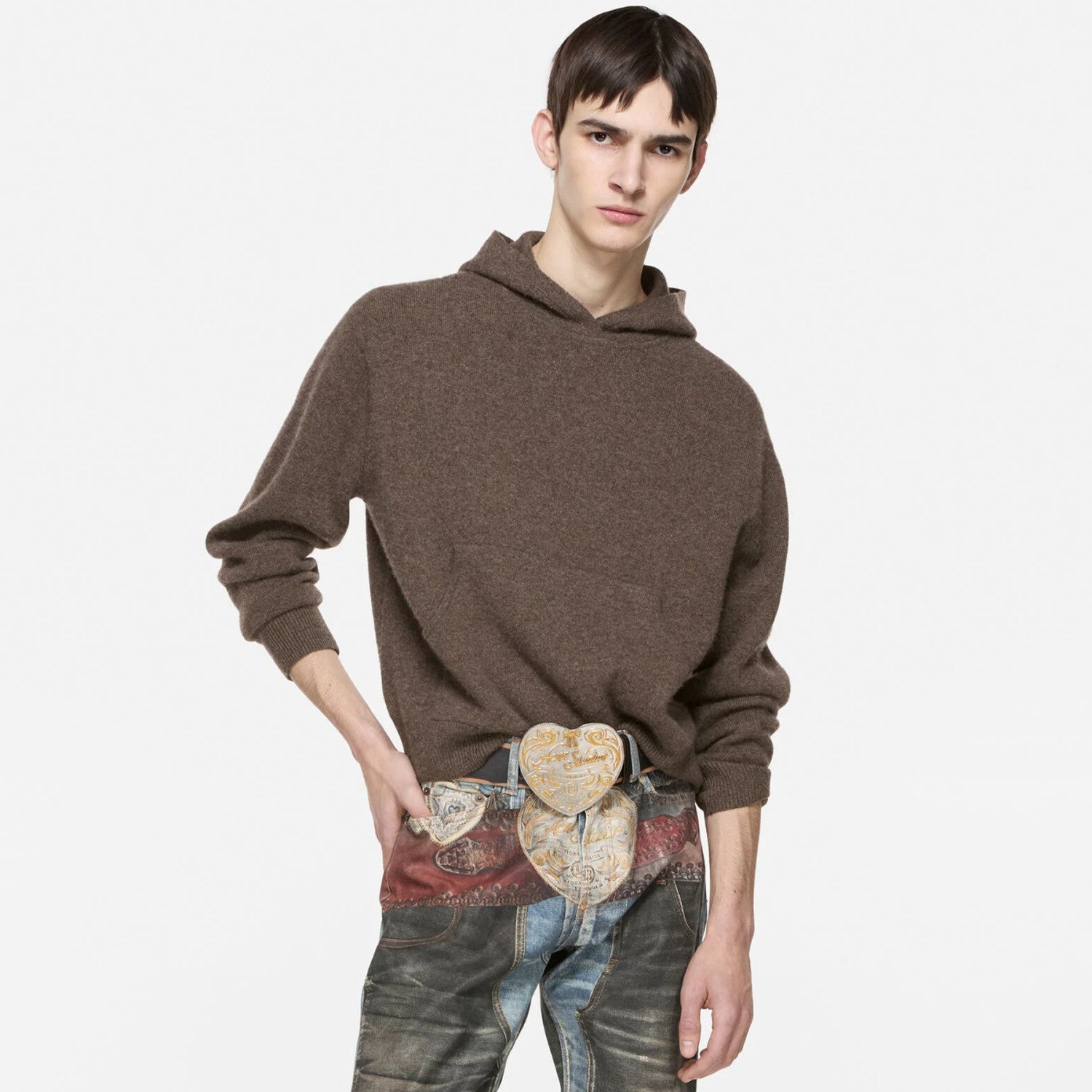 Acne Studios Men's Fall/Winter Logo-Printed Casual Blend Hooded Sweatshirt Knit Sweater Walnut Brown Fashionable Casual Pullover Hoodie #82197A