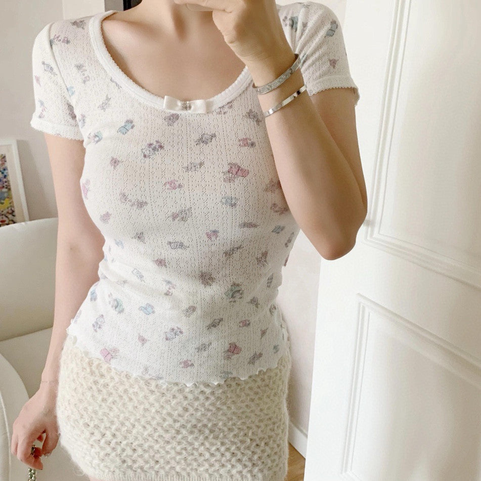 Women's Summer White Bow Rhinestone Hollow Lace Knit Short Sleeve Top T-Shirt #74474
